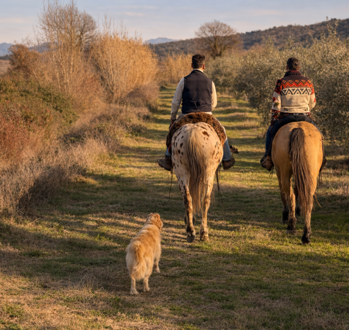 Gio and Patrick riding horses in Tuscany